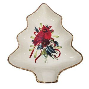Lenox Cardinal Candy Nut Dish Bowl Porcelain 24K Tree Shaped Trinket in Box